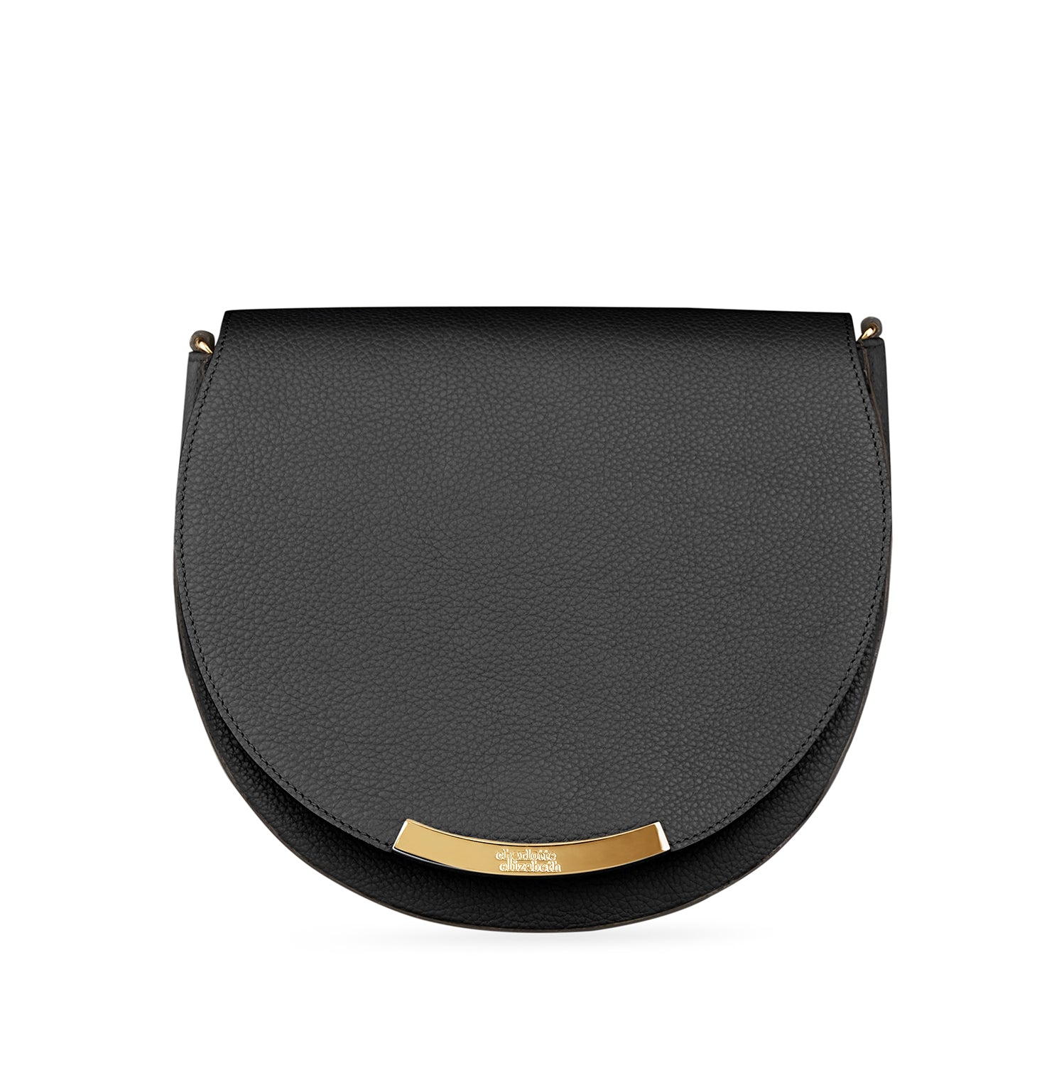 Classic black handbag with a gold chain.